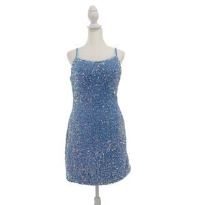 Blue Sequin Mini Dress Spaghetti Strap Bodycon Party Cocktail Women’s Size S